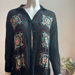Vintage Black Sheer Button up with Embroidery detailing